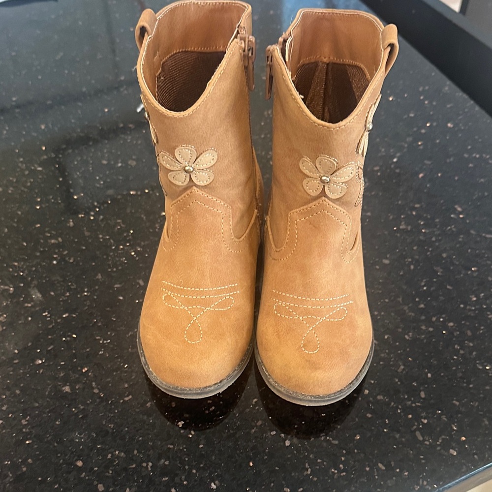 Tan Floral Embellished Toddler Girl Boots
